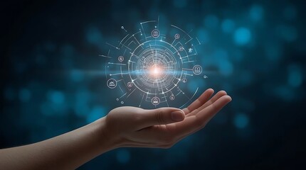 A hand holding a glowing digital interface with various icons against a dark blue bokeh background