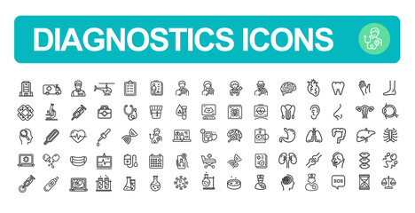 Diagnostics Sign Black Thin Line Icon Set Include of First Aid Kit, Virus, Stethoscope, Microscope and Dna. Vector illustration of Icons