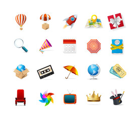 Realistic Detailed 3d Color Different Objects Set Include of Bathroom Scale, Hot Air Balloon, Party Hat, Magnifying Glass and Tickets. Vector illustration