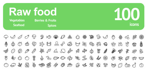 Raw Food Sign Black Thin Line Icon Set Include of Vegetable, Spice, Fruit, Berry and Seafood. Vector illustration of Icons
