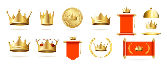 Realistic Detailed 3d Gold Royal Objects Set Include of Golden Crown and Flag. Vector illustration of Crowns