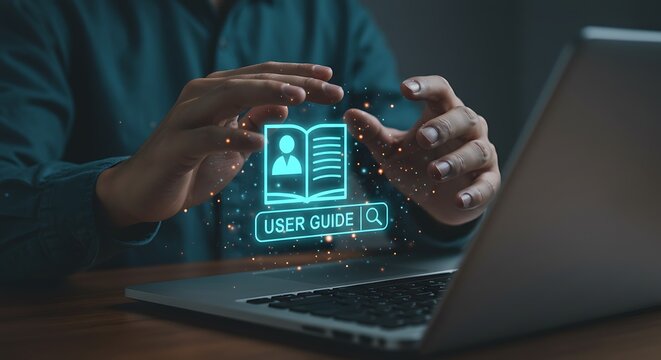 Person interacting with digital user guide on laptop technology information