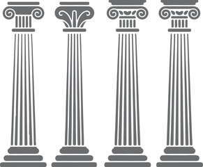 Four Gray Classical Columns Architectural Design Elements Silhouette Ionic Doric Tuscan Corinthian Styles Vector Illustration