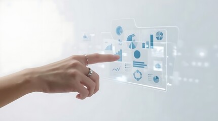 A hand interacting with a futuristic transparent interface displaying various data visualizations charts graphs