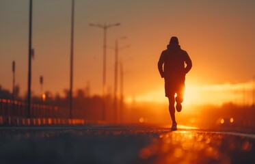 Runner athlete running on city road at sunrise. woman fitness jogging workout wellness concept.