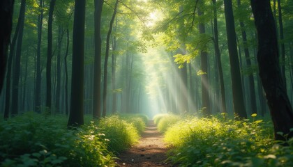 Fototapeta premium Serene path through mystical forest illuminated by sunlight