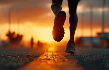Runner athlete running on city road at sunrise. woman fitness jogging workout wellness concept.