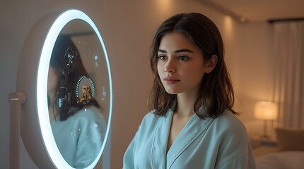 Woman in robe looking at smart mirror displaying information in a well lit bedroom environment indoors