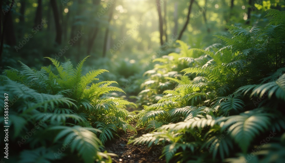 Poster sunlight illuminating lush ferns in serene forest setting