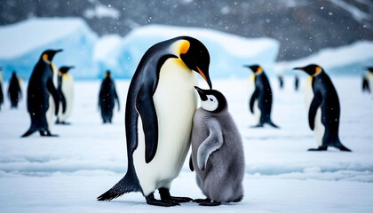 Fototapeta premium Emperor penguin parent gently nuzzling its fluffy chick amidst a snowy Antarctic landscape