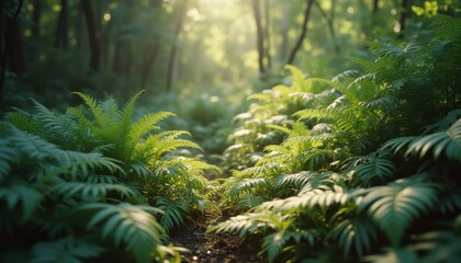 Sunlight illuminating lush ferns in serene forest setting