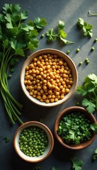 Roasted chickpeas and fresh greens on rustic countertop