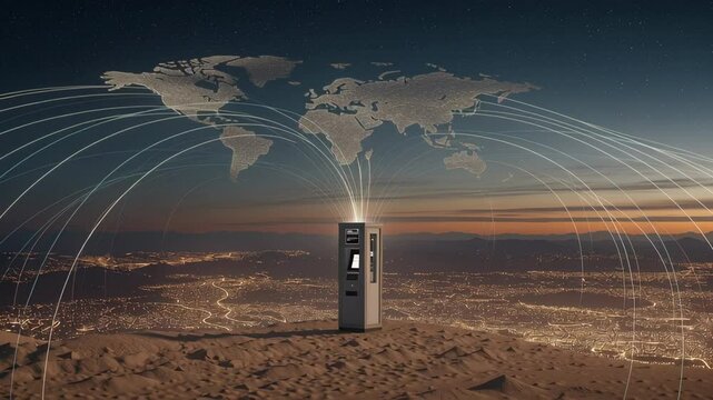 Bitcoin ATM Connecting to a Global Network Over a City