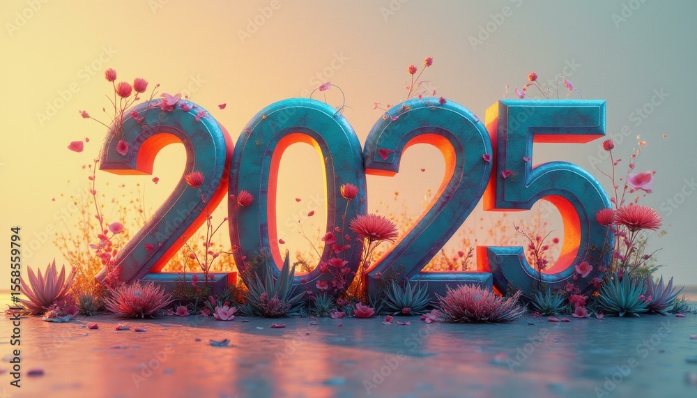Poster three-dimensional numbers '2025' surrounded by flowers in garden