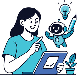 Creative Girl with Robot and Idea Vector Illustration on White Background.