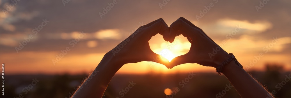 Poster hands creating a heart shape during a beautiful sunset horizon viewed from a serene outdoor location