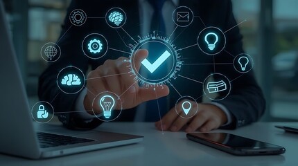 A man interacting with a digital interface showing a check mark and various other icons around it