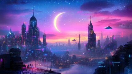 Futuristic cityscape with flying vehicles at night