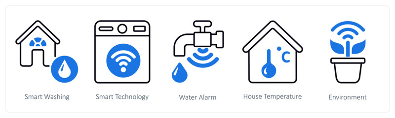 A set of 5 mix icons as smart washing, smart technology, water alarm