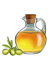 olive oil glass jug and olives watercolor illustration isolated png cut out