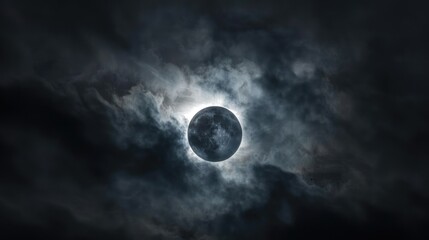 Solar eclipse behind dark clouds in a dramatic sky. Space photography capturing celestial event. Natural phenomena concept. Dramatic sky with cloud surrounded sun with glowing vibrant color. AIG51.