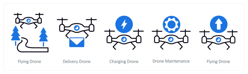 A set of 5 mix icons as flying drone, delivery drone, charging drone