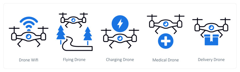 A set of 5 mix icons as drone wifi, flying drone, charging drone