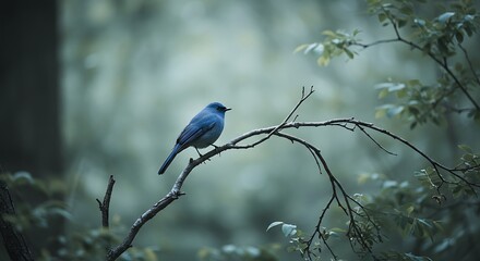 Obraz premium Serene Bluebird Perched on a Branch in a Misty Forest