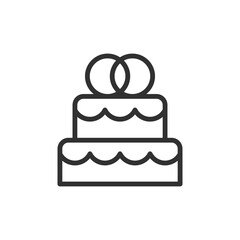 Wedding cake with rings, linear icon. Celebration dessert for marriage ceremony. Line with editable stroke.