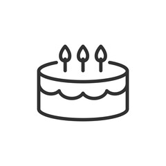 Round cake with candles, linear icon. Classic birthday dessert with flame. Line with editable stroke.