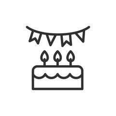 Birthday cake with garland, linear icon. Festive dessert with candles and decoration. Line with editable stroke.