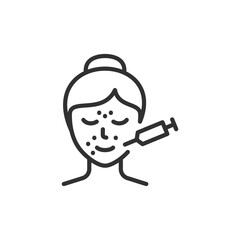 Woman with cheek injection, linear icon. Beauty procedure and face filler. Line with editable stroke.