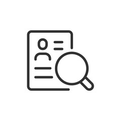 Resume with magnifier, linear icon. Job candidate review and HR search. Line with editable stroke.