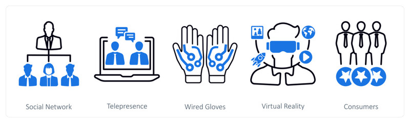 A set of 5 mix icons as social network, telepresence, wired gloves