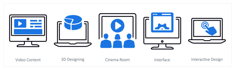 A set of 5 mix icons as video content, 3d designing, cinema room