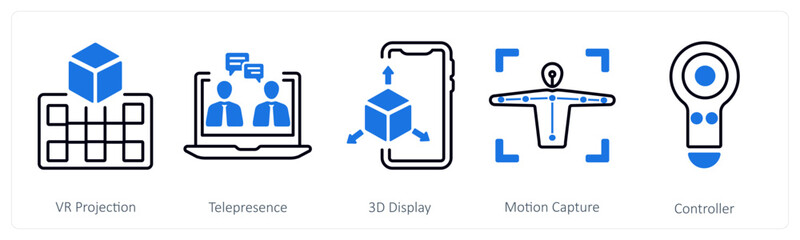 A set of 5 mix icons as vr projection, telepresence, 3d display