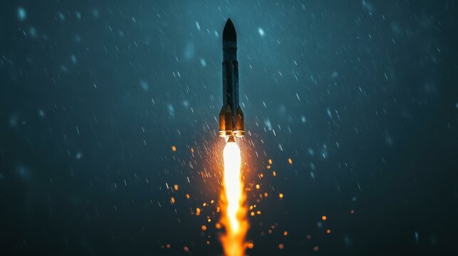 Rocket launching into dark, stormy night sky - Powered by Adobe