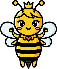 Cute Queen Bee Cartoon Character – Adorable Flying Bee with Crown and Heart Necklace for Kids and Nursery Design