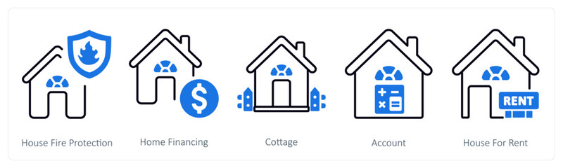 A set of 5 mix icons as house fire protection, home financing, cottage