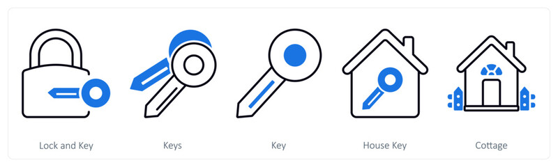 A set of 5 mix icons as lock and key, keys, key, house key
