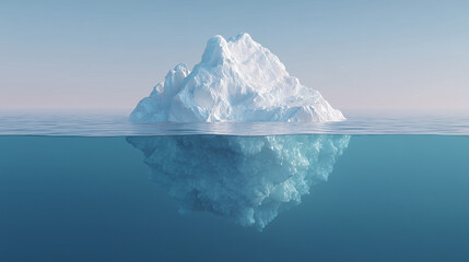 Iceberg with its underwater portion visible, concept of tip of iceberg and hidden depths. realistic image of the underwater and surface parts of an iceberg against a clear blue sky