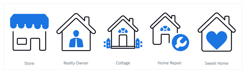 A set of 5 mix icons as store, realty owner, cottage