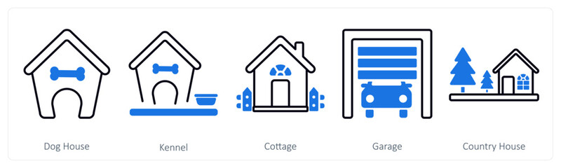 A set of 5 mix icons as dog house, kennel, cottage