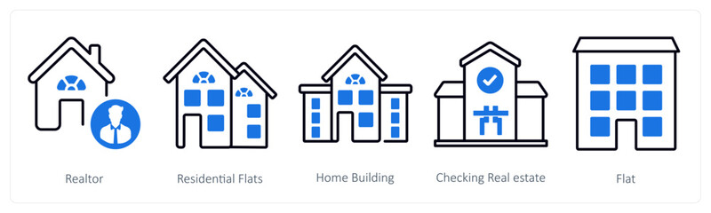 A set of 5 mix icons as realtor, residential flats, home building