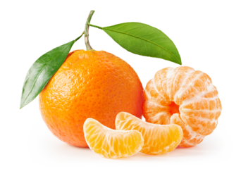 Tangerines or clementines with green leaves and slices. Without background