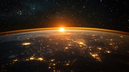 Obraz premium Majestic sunrise over Earth with city lights at night