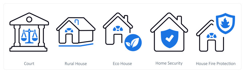 A set of 5 mix icons as court, rural house, eco house