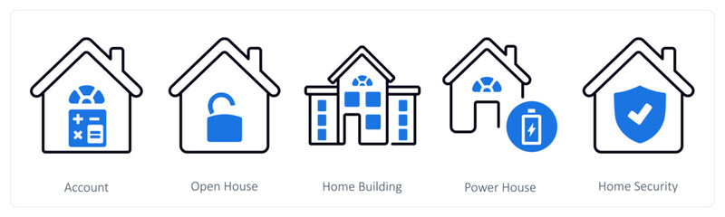 A set of 5 mix icons as account, open house, home building