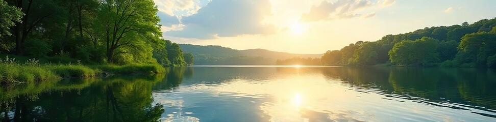 Naklejka premium Serene Summer Lake Tranquil Water Reflecting Sunlight, Lush Green Trees, Peaceful Relaxation