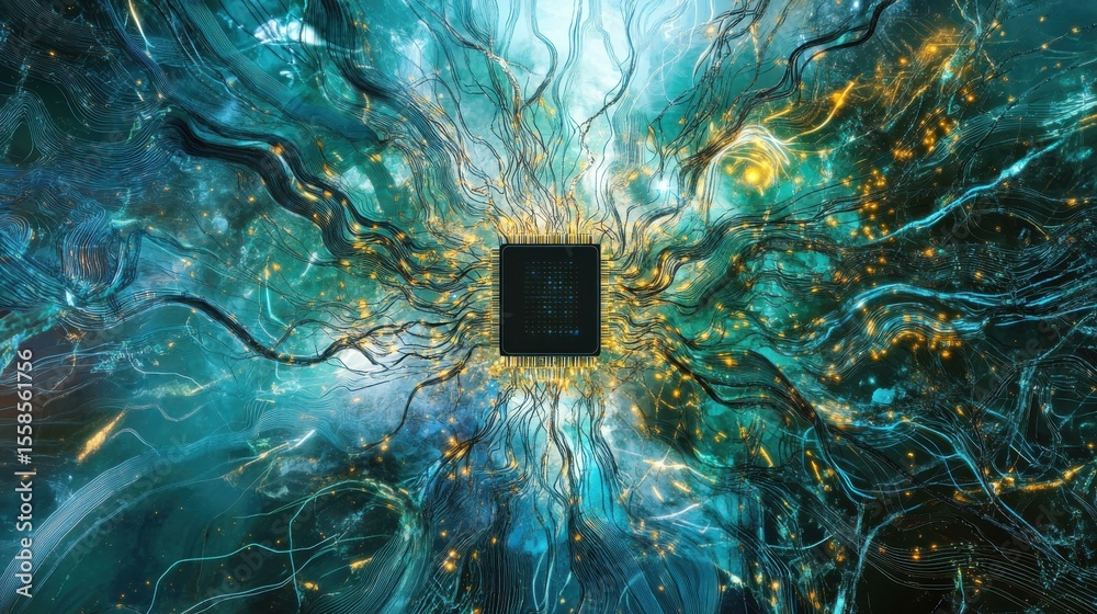 Aufkleber Futuristic microchip with glowing lines in abstract digital art